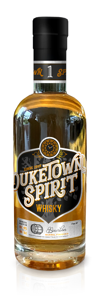 Voorbeeld van een fles Bossche Whisky van Duketown Spirit